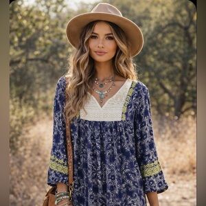 Boho blue yellow lace hippie embroidered flowing balloon sleeve tunic dress L